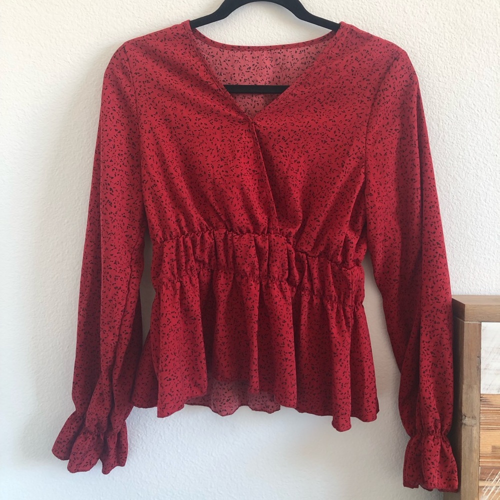 Flounce Sleeve Red Peplum Blouse